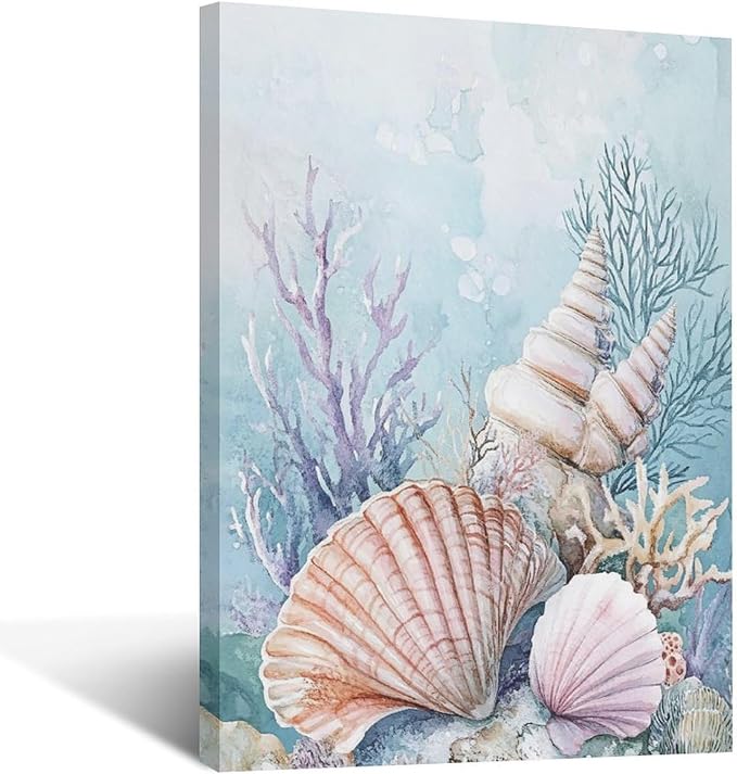 Fleruku Beach Coral Shells Wall Art Nautical Sea Wall Decor Ocean Pictures Canvas Painting Artwork Home Decorations for Living Room Bedroom Bathroom Office Nursery 16"x24"