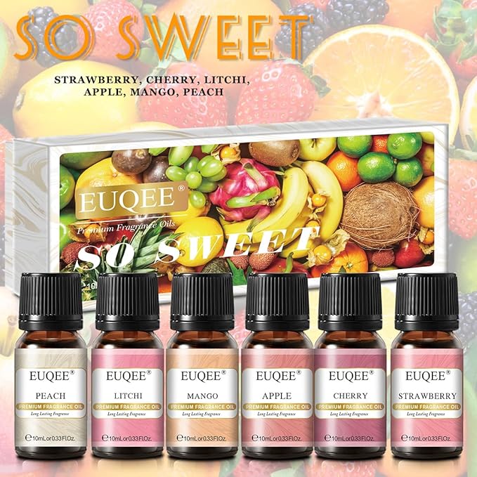Premium Fruit Fragrance Oils Gift Set for So Sweet - 6x10ml-Strawberry, Cherry, Litchi, Apple, Mango, Peach - Scented Essential Oils for Diffuser, Candle Making