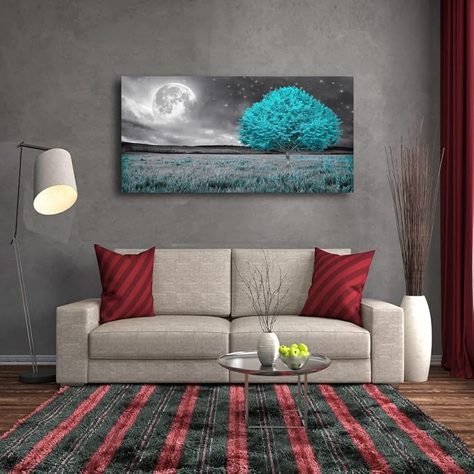 Tree of Life Wall Art Canvas Prints Natural Landscape Picture Home Decor Full Moon and Blue Tree Paintings for Living Room Bedroom Bathroom Kitchen Office Decorations 24x48 Wooden Frames Artwork