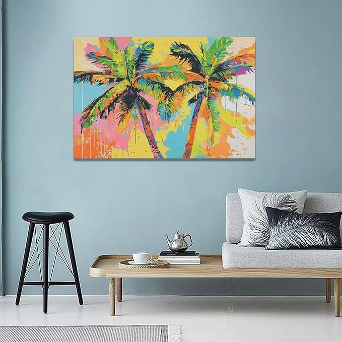 Olivine Tropical Wall Art, Palm Tree Pictures Wall Decor, Graffiti Painting, Colorful Summer Canvas Prints, Framed Artwork for Bathroom Living Room Bedroom Office Home Decoration 24"x16"