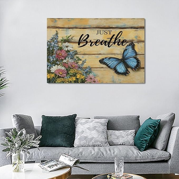 Olivine Butterfly Wall Art, Butterflies Flower Pictures Wall Decor, Just Breathe Painting, Vintage Farmhouse Canvas Prints, Framed Artwork for Living Room Bedroom Bathroom Kitchen Office Home 24"x16"