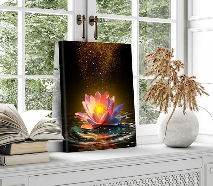 Lotus Floral Wall Art Prints,Framed Lotus Floral Canvas Prints Art for Zen Office Decor Wall Art Meditation Poster for Bathroom Home Decor(12"x16")