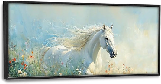 SweetFox Extra Large White Horse Framed Wall Art for Living Room, Horse Wildflower Pictures Oversized Wall Decor Abstract Big Canvas Painting Print Artworks for Bathroom Master Bedroom 60L X 30W