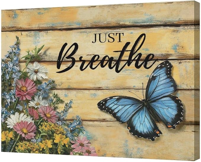 Olivine Butterfly Wall Art, Butterflies Flower Pictures Wall Decor, Just Breathe Painting, Vintage Farmhouse Canvas Prints, Framed Artwork for Living Room Bedroom Bathroom Kitchen Office Home 24"x20"