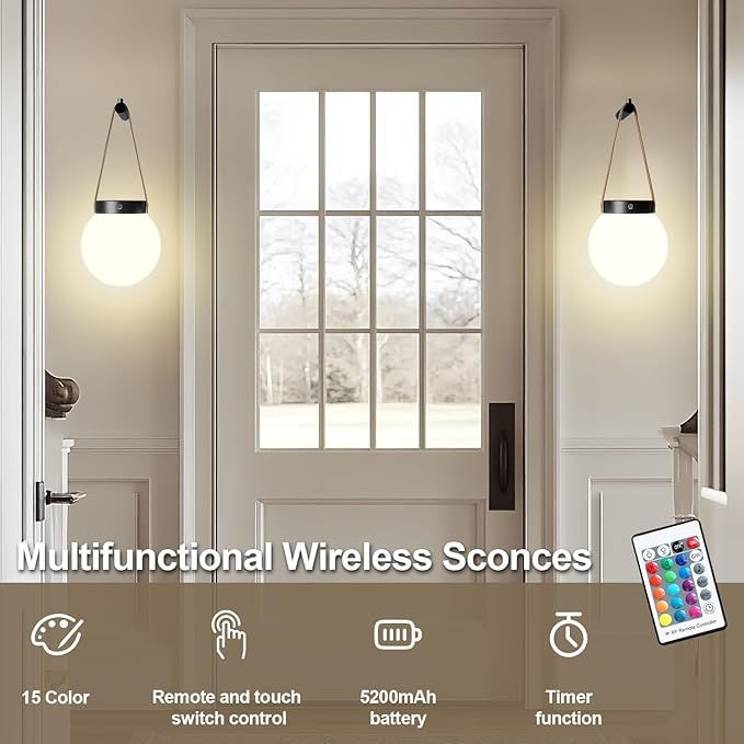 Battery Operated Wall Sconces Set of 2, Wireless Globe Wall Lights with Remote Control Warm/Natural/Daylight/RGB Dimmable Wall Lamps Bedroom Living Room, Decorative Lights with Dim Lighting Effect