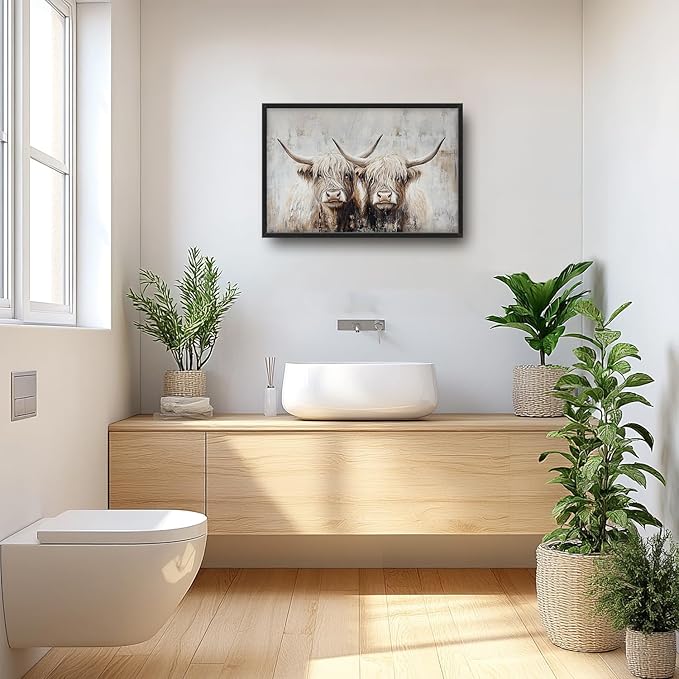 SweetFox Extra Large Highland Cow Framed Wall Art for Living Room, Farmhouse Highland Cattle Pictures Oversized Wall Decor Abstract Canvas Painting Print Artworks for Bathroom Bedroom 36L X 24W