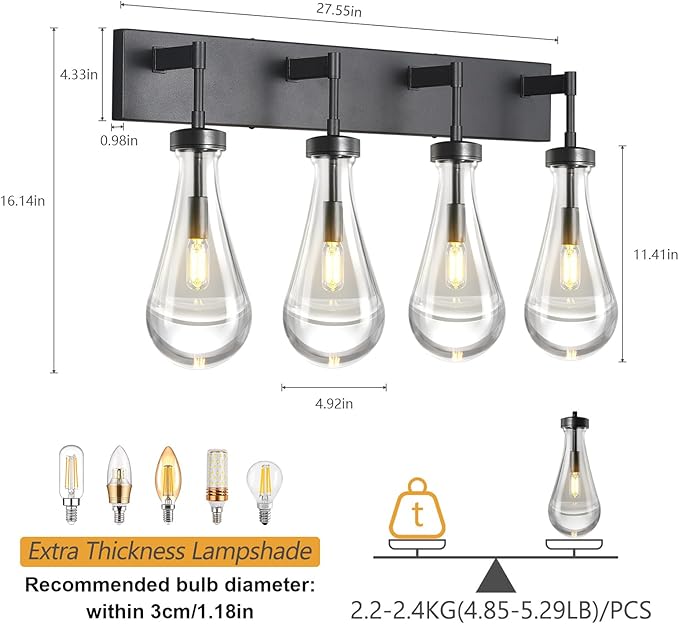 Raindrop Wall Sconces Black Crystal Sconces Wall Decor Modern Brass Lighting Glass Bathroom Sconces Indoor Vanity Light Wall Lamp for Bedroom Living Room Stair(4-Light)