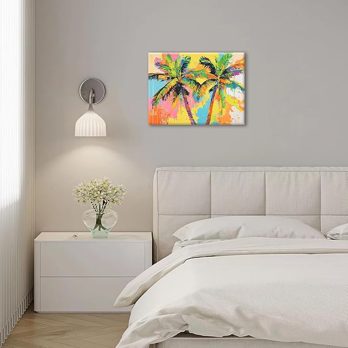 Olivine Tropical Wall Art, Palm Tree Pictures Wall Decor, Graffiti Painting, Colorful Summer Canvas Prints, Framed Artwork for Bathroom Living Room Bedroom Office Home Decoration 16"x12"