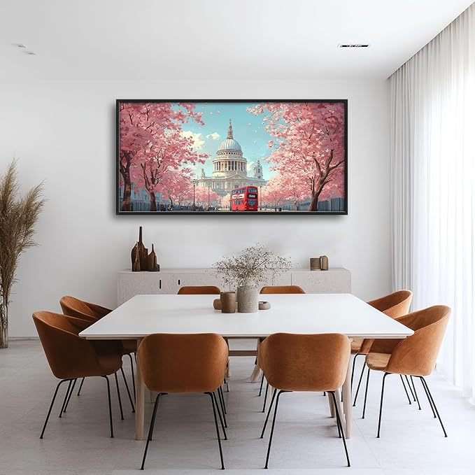 London Paul’s Cathedral Large Wall Art Cityscape Cherry Blossom Pictures Wall Decor Street Scene Canvas Spring Print Painting Modern Artwork Home Decoration for Living Room Bathroom Bedroom Office Framed 60"x30"