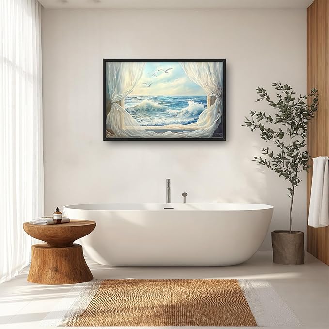 Beach Window Framed Wall Art for Living Room, Large Coastal Canvas Wall Decor, Window Curtains Pictures Framed Painting, Landscape Artwork for Bedroom Office Home Decor 36L'' × 24W''