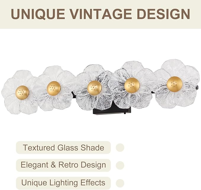 MantoLite Bathroom Light Fixtures Modern Vanity Light Over Mirror Adjustable 3000K-6000K Picture Lights Art Light with Floral Clear Glass Shades for Living Room Bedroom Wall Sconces (5 Light Black)