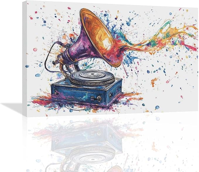Fleruku Watercolor Phonograph Wall Art Colorful Phonograph Wall Decor Pictures Canvas Painting Artwork Home Decorations for Living Room Bedroom Bathroom Office Nursery Classroom 24"x16"