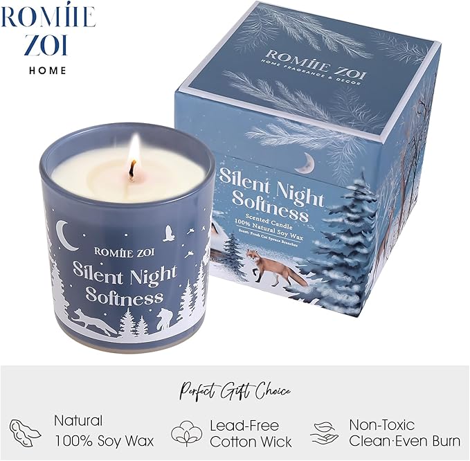 Christmas Scented Jar Candle - 6oz Soy Wax Candle - Silent Night Softness Infused with Fresh Cut Spruce Branches Aroma - with Beautiful Keepsake Box Special for Christmas/Holiday Gifts