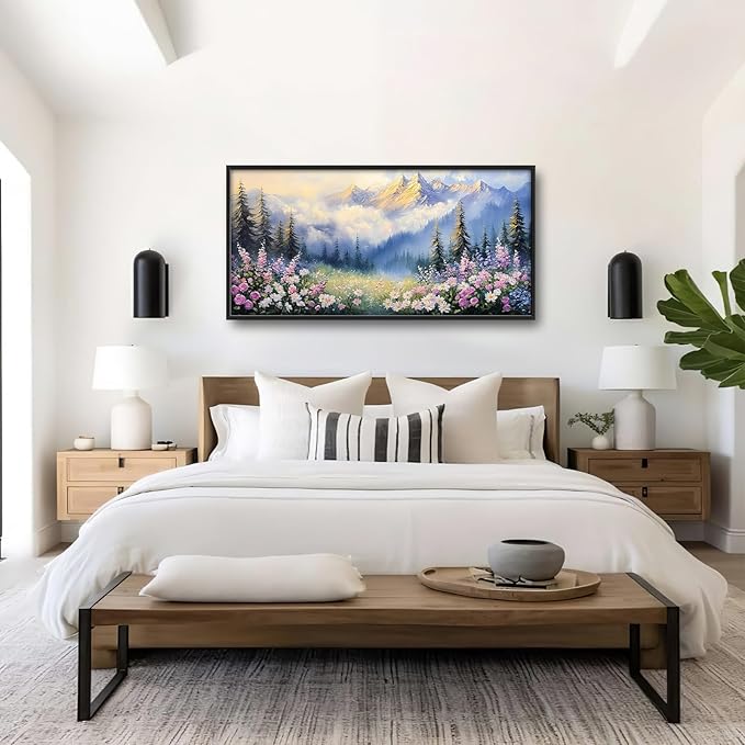 Framed Large Wall Art for Living Room, Forest Mountain Canvas Wall Decor, Flowers Tree Pictures Painting, Modern Landscape Artwork for Bedroom Office 60L'' × 30W''