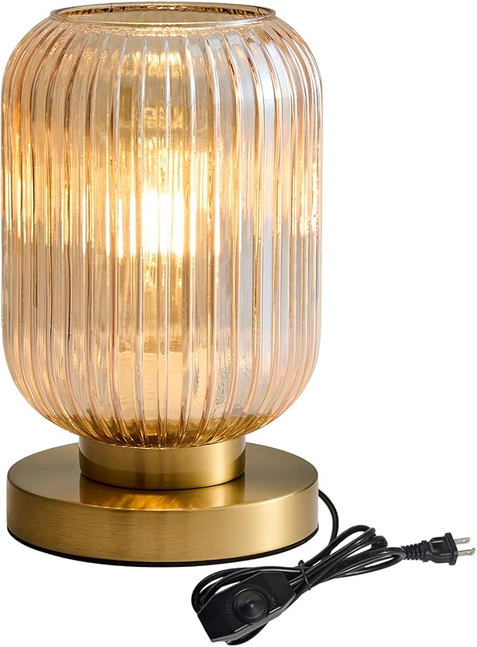 Glass Table Lamps Mid Century Modern Globe, Dimmable Amber Glass Table Lamp for Nightstand, Small Gold Table Lamp, Amber Pumpkin Design Ribbed Vintage Bedside Lamp for Bedroom Living Room Office