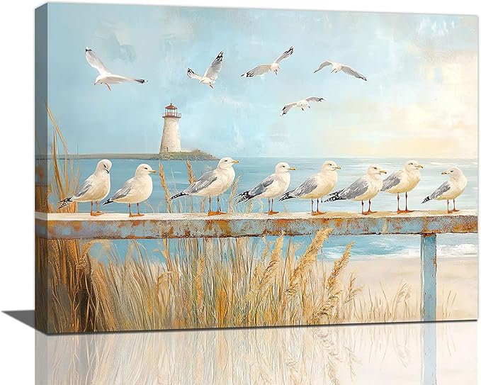 Olivine Beach Wall Art, Coastal Seagull Lighthouse Pictures Wall Decor, Nautical Canvas Prints Painting, Framed Artwork for Living Room Bathroom Bedroom Office Home Decoration 16''x12''