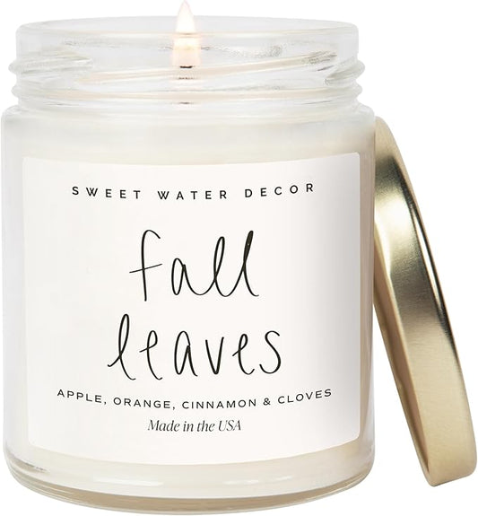 Sweet Water Decor Leaves Scented Candle - Soy Candle with Apple Orange Cinnamon & Cloves Scent - Soy Candle Wax with 40 Hours Burn Time - 100% Cotton Wick Fall Candle Made in USA - Clear Jar 9oz