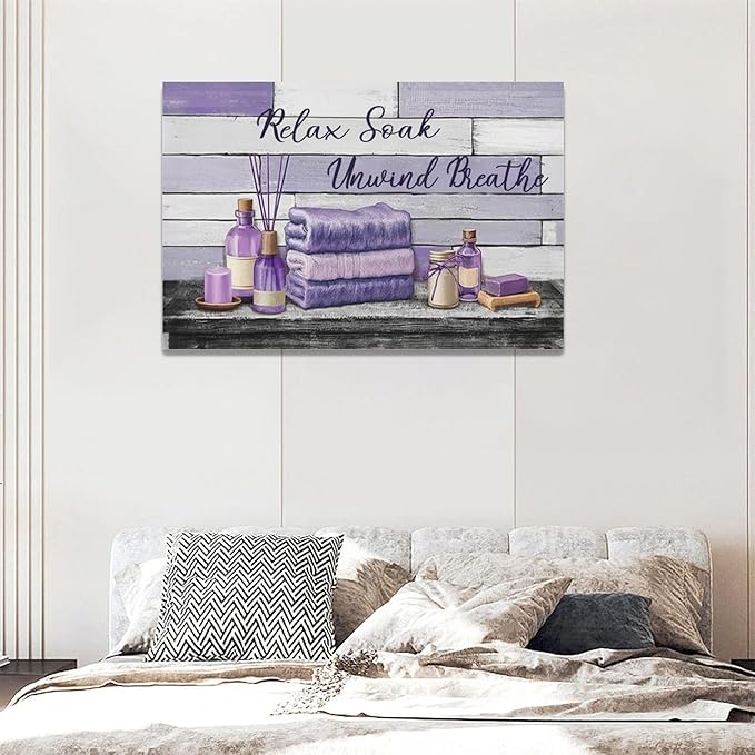 Farmhouse Bathroom Wall Art Relax Soak Unwind Breathe Wall Decor Rustic Bathroom Pictures Canvas Painting Framed Artwork Purple Country Home Decorations for Toilet Lavatory 24"x16"
