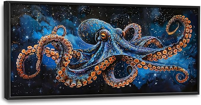 Octopus Wall Art Blue Space Octopus Pictures Wall Decor Galaxy Canvas Prints Framed Artwork Paintings Coastal Home Office Decorations for Living Room Bedroom Dinning Room 60"x30"