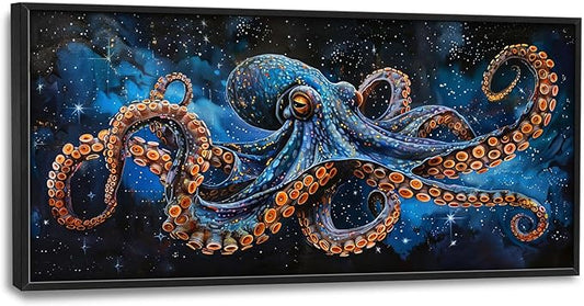 Octopus Wall Art Blue Space Octopus Pictures Wall Decor Galaxy Canvas Prints Framed Artwork Paintings Coastal Home Office Decorations for Living Room Bedroom Dinning Room 60"x30"