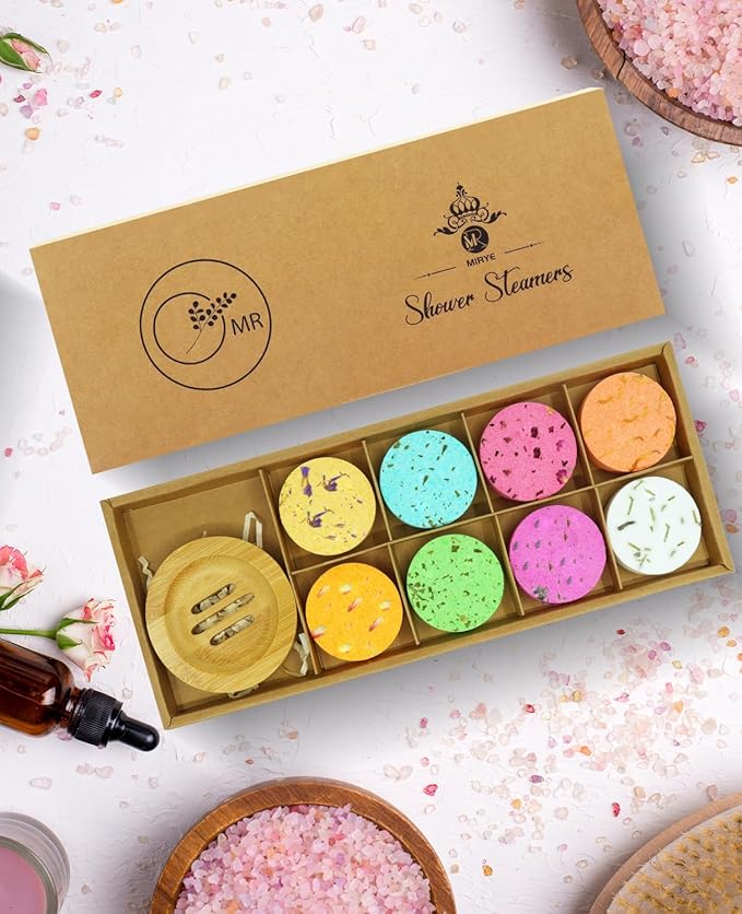Shower Steamers Aromatherapy - 8 Pack Organic Shower Bombs with Natural Essential Oil, Self Care and Stress Relief Birthday Gifts for Women Men, Home Spa Gifts for Her Mom Wife, w/Tray