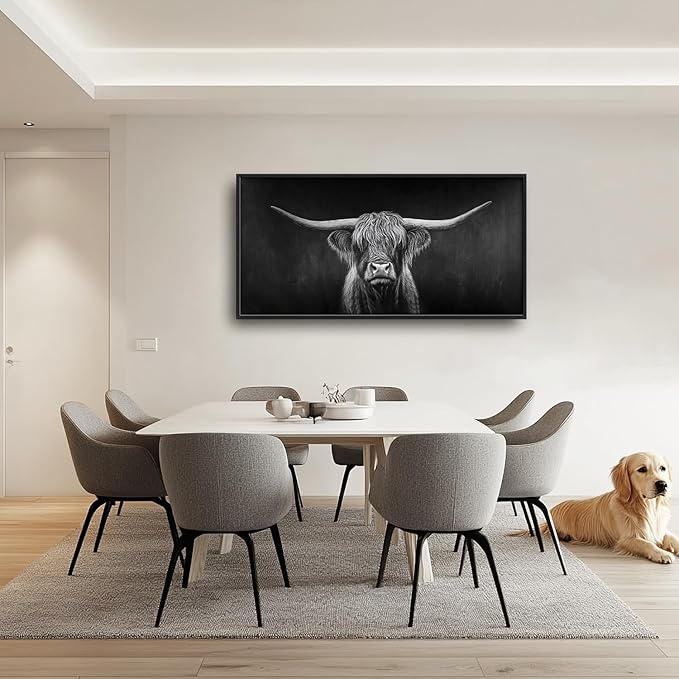 SweetFox Extra Large Highland Cow Framed Wall Art for Living Room, Black and White Longhorn Cattle Pictures Oversized Wall Decor Abstract Canvas Painting Print Artwork for Bathroom Bedroom 60L X 30W