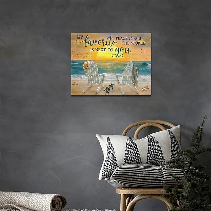 Fleruku Beach Wall Art Ocean Coastal Wall Decor Nautical Sunrise Sunset Sea Turtles Pictures Canvas Painting Artwork Home Decorations for Living Room Bedroom Bathroom Office 16"x12"
