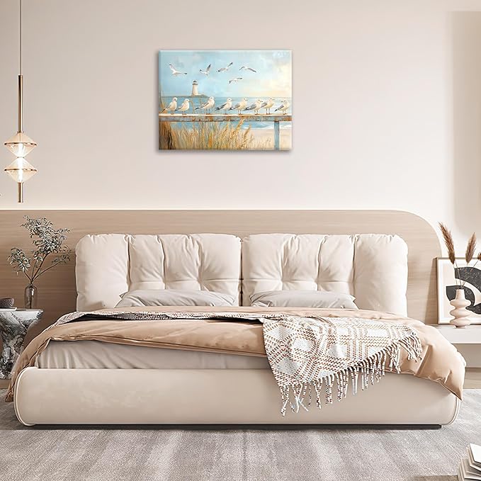 Olivine Beach Wall Art, Coastal Seagull Lighthouse Pictures Wall Decor, Nautical Canvas Prints Painting, Framed Artwork for Living Room Bathroom Bedroom Office Home Decoration 16''x12''