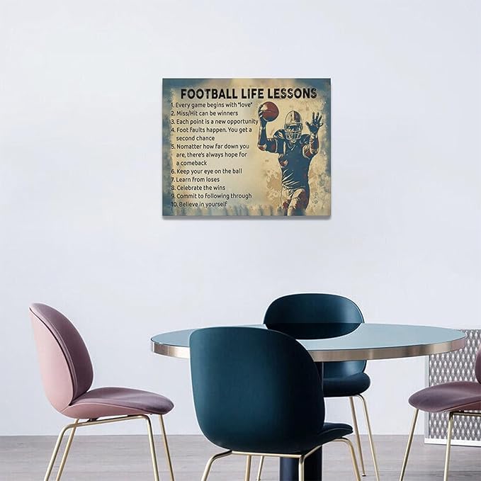 Farmhouse Football Wall Art For Boy Room Rustic Football Life Lessons Wall Decor Retro Football Sign Canvas Painting Artwork Home Decorations for Man Teenager Office Bedroom Living Room 20"x16"
