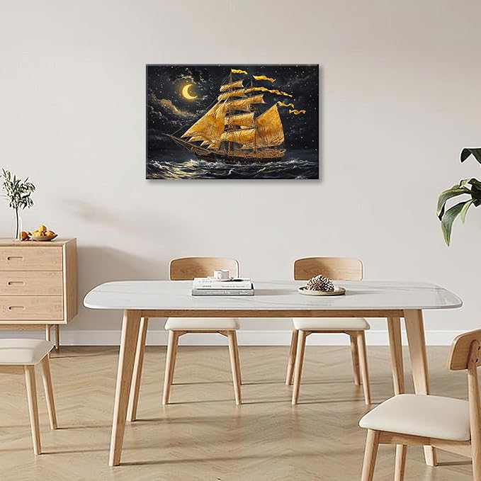 Olivine Sailboat Wall Art, Nautical Pictures Wall Decor, Ocean Seascape Painting, Coastal Night Canvas Prints, Framed Artwork for Bathroom Bedroom Living Room Office Home Decoration 24"x16"