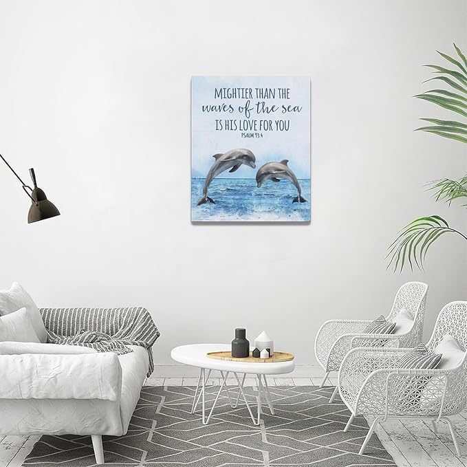 Dolphin Bathroom Decor Wall Art Ocean Coastal Wall Decor Scripture Canvas Bible Verse Prints Painting Framed Artwork for Bathroom living room Bedroom 16"x20"