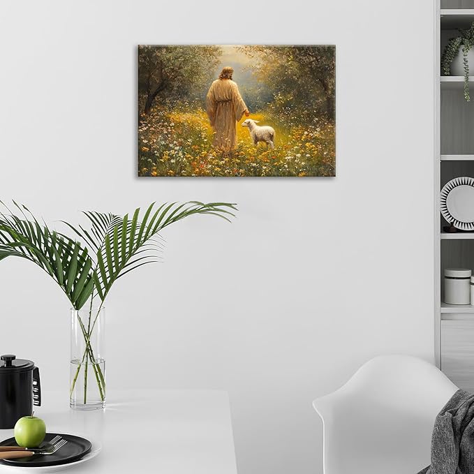 Olivine Christian Wall Art, Jesus Pictures Wall Decor, Lamb Painting, The Lost Sheep Canvas Prints, Framed Artwork for Kitchen Bathroom Bedroom Living Room Office Home Decoration 24"x16"