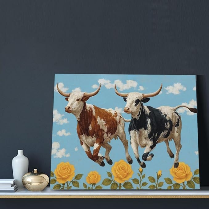 Longhorn Wall Decor Funny Cow Canvas Wall Art Cute Cattle Pictures Painting Artwork Framed Decoration for Bedroom Bathroom Living Room Kitchen Dining Room Office 16"x20"