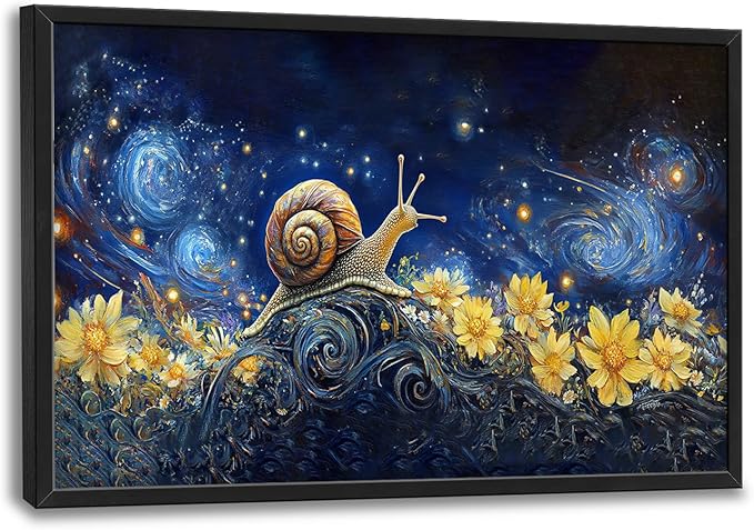 SweetFox Extra Large Snail Sunflower Framed Wall Art for Living Room, Snail Starry Sky Pictures Oversized Wall Decor Abstract Big Canvas Painting Print Artwork for Bathroom Master Bedroom 36L X 24W