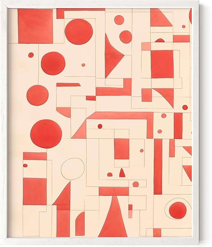 HAUS AND HUES Colorful Abstract Wall Art - Minimalist Retro Picture for Living Room Decor, Red and Pink Modern Wall Art Painting (Red Geometric, White Frame, 16x20)