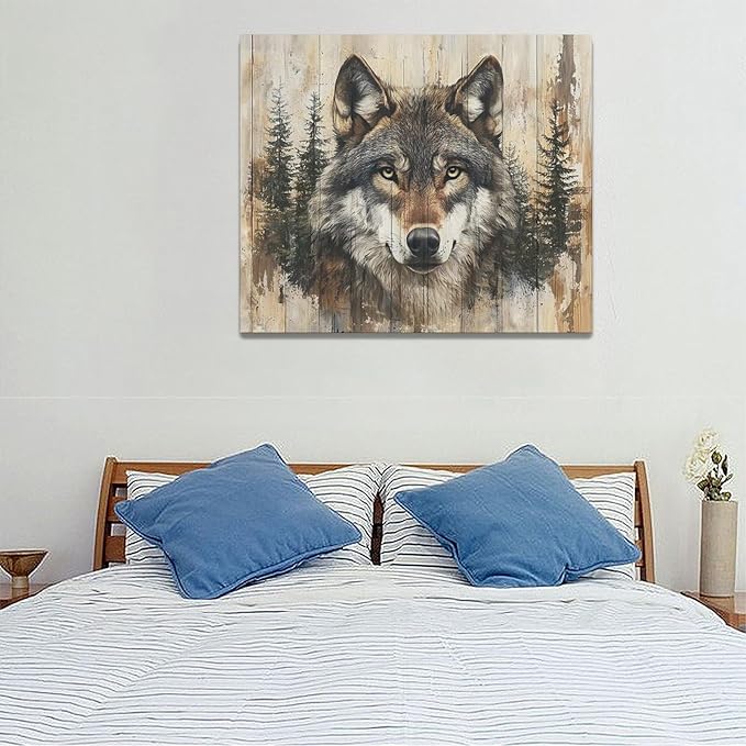 Vintage Wolf Wall Art Farmhouse Wildlife Wall Decor Country Animal Pictures Canvas Painting Artwork Home Decorations for Living Room Bedroom Bathroom Office 24"x20"