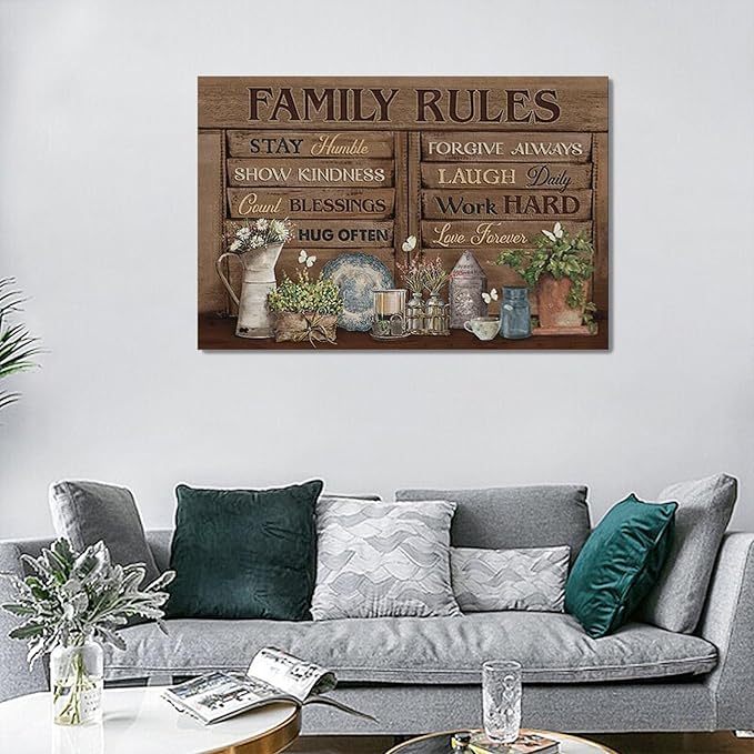Country Family Rules Wall Art Farmhouse Inspiration Wall Decor Rustic Flower Home Sign Pictures Canvas Painting Artwork Home Decorations For Living Room Bedroom Bathroom Office 24"x16"
