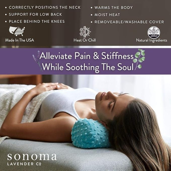 Sonoma Lavender Eucalyptus Bolster Roll, Microwaveable, Hot/Cold Neck Pillow, Soothing and Relaxing Pain Relief for Neck, Low Back or Behind The Knees, Removable/Washable Cover, (Green Dot)