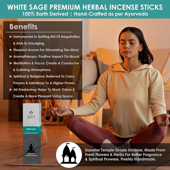 White Sage Incense Sticks 250g (135 Sticks + Holder), Natural, Long Lasting, Aromatherapy, Meditation, Yoga, Spiritual Healing
