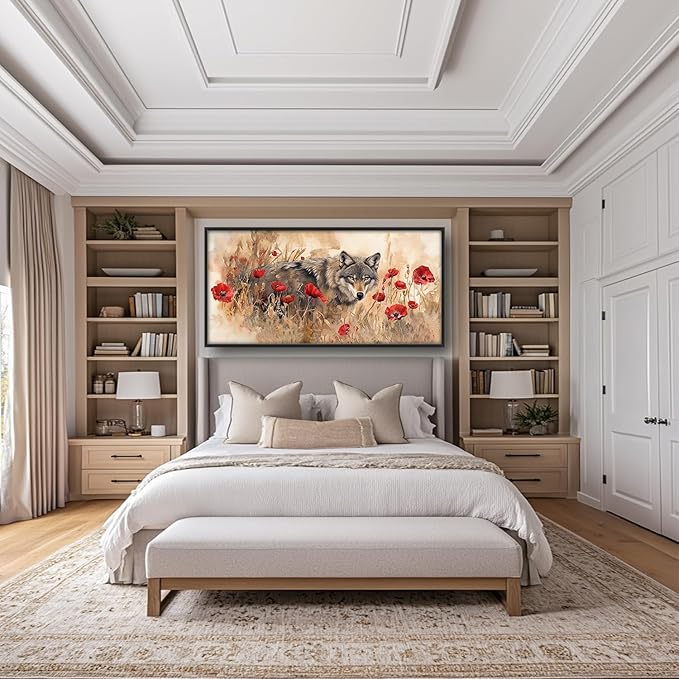 SweetFox Extra Large Watercolor Wolf Framed Wall Art for Living Room, Wild Flowers Wolf Pictures Oversized Wall Decor Abstract Canvas Painting Print Artwork for Bathroom Master Bedroom 60L X 30W