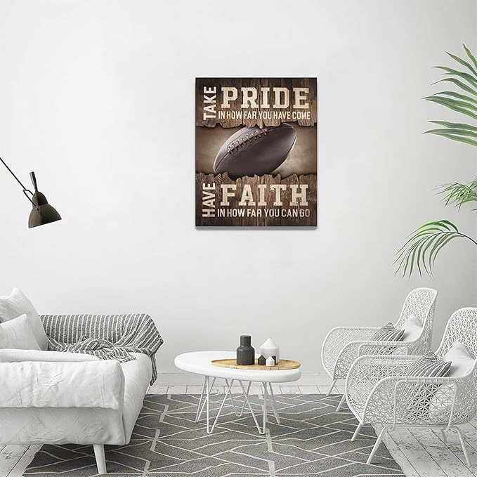 Fleruku Rustic Football Wall Art Sports Wall Decor Inspirational Quotes Brown Pictures Football Sign Canvas Painting Artwork Home Decorations for Boy Man Teenager Fans Bedroom Living Room 16"x20"