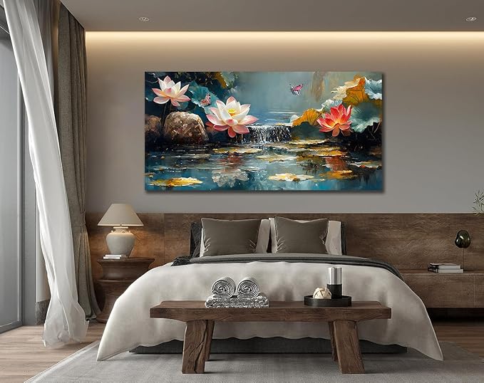 Anolyfi Lotus Canvas Wall Art for Living Room, Zen Yoga Decor Pink Large Picture Landscape Bedroom Painting Textured Artwork Framed for Spa Bathroom Hallway Kitchen Room Office Home Decor 40"x20"