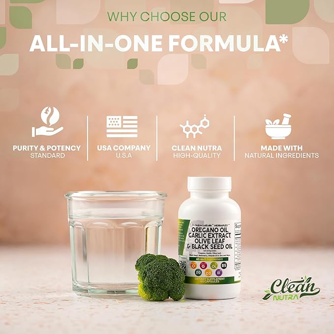 Clean Nutraceuticals Oregano Oil Garlic Extract Olive Leaf Black Seed Oil - Immune Support & Digestive Health Supplement for Women and Men with Vitamin D3 & Zinc - 3Pack