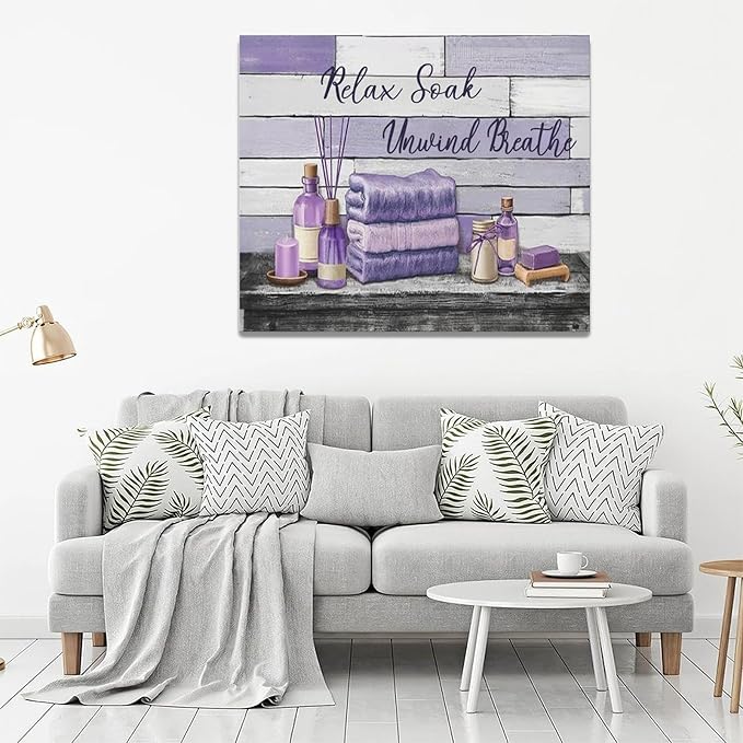 Farmhouse Bathroom Wall Art Relax Soak Unwind Breathe Wall Decor Rustic Bathroom Pictures Canvas Painting Framed Artwork Purple Country Home Decorations for Toilet Lavatory 24"x20"