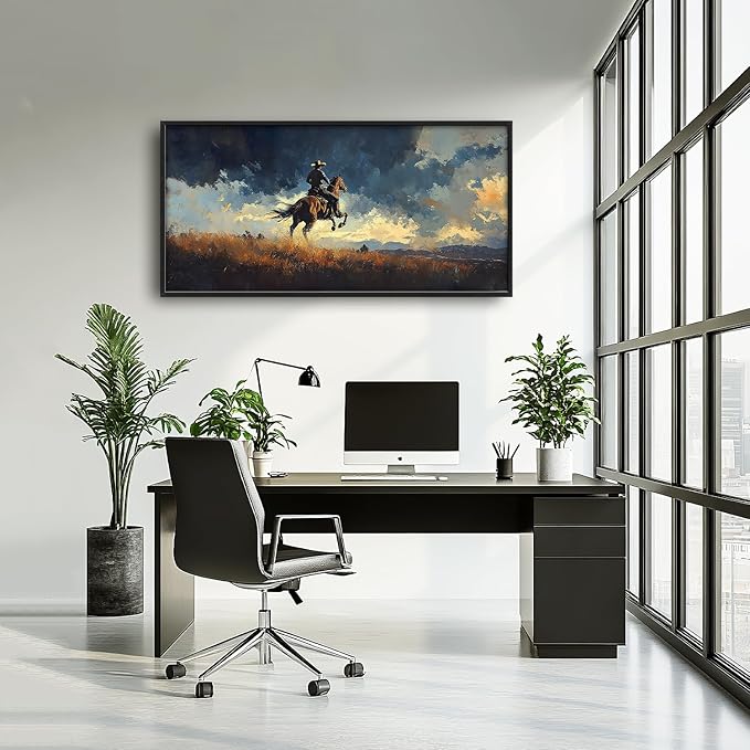 SweetFox Extra Large Western Cowboy Framed Wall Art for Living Room, Cowboy on Horseback Pictures Oversized Wall Decor Abstract Canvas Painting Print Artworks for Bathroom Master Bedroom 60L X 30W