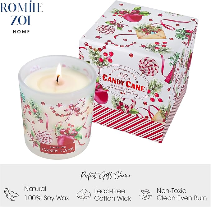 Christmas Scented Jar Candle - 6oz Soy Wax Candle - Candy Cane Infused with Peppermint Candy Cane Aroma - with Beautiful Keepsake Box Special for Holiday Gifts