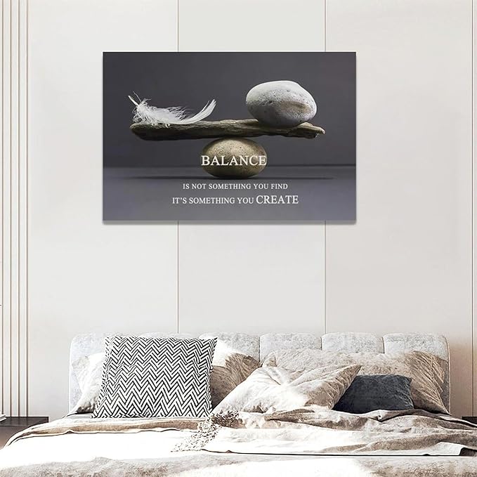 Zen Stone Wall Art Meditation Spiritual Wall Decor Inspirational Balance Feather Pictures Canvas Prints Framed Home Decorations Painting Artwork for Living Room Bedroom Office Bathroom 24"x16"