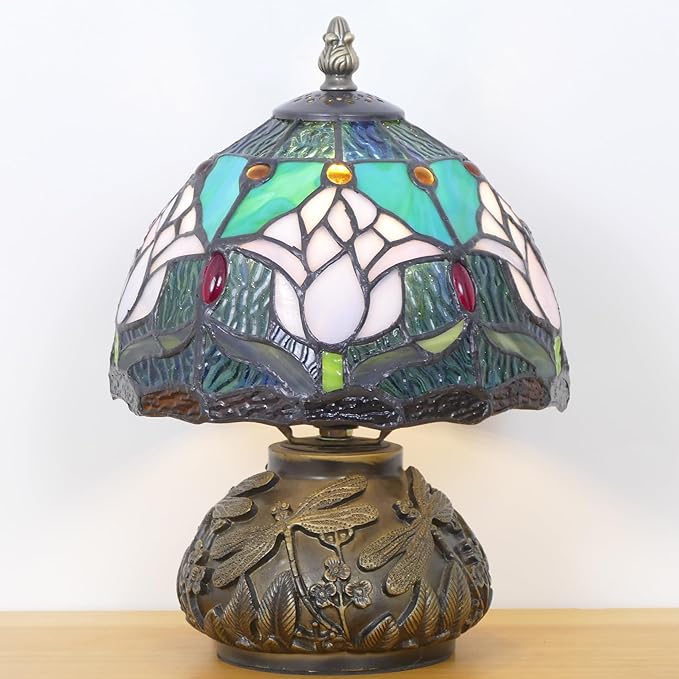 Small Tiffany Lamp Mini Stained Glass Table Lamp Mushroom Memory Sympathy Accent Lamp 8X11 Inch (Tulip Flower Style)