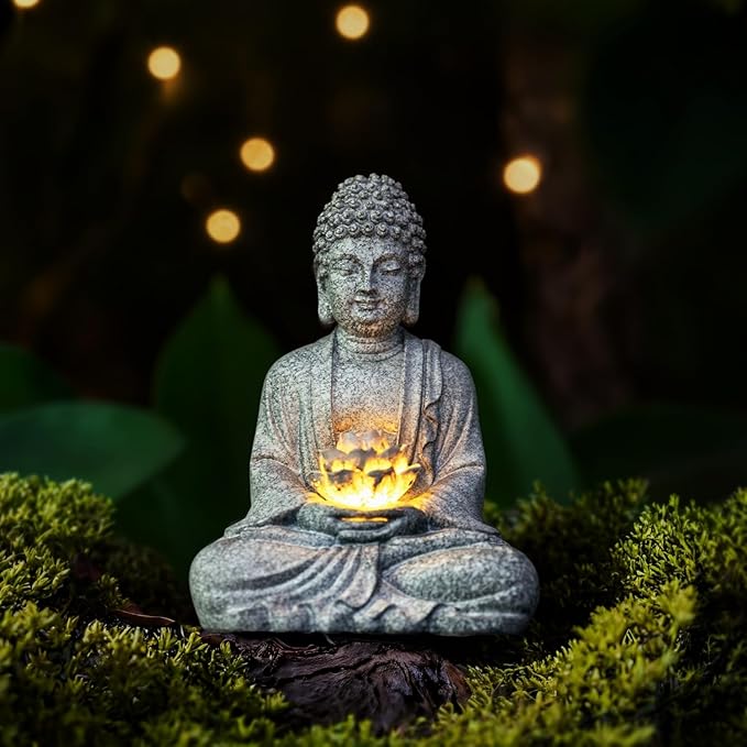 Buddha Lotus Statue with Solar Lights, Resin LED Figurine for Garden Decor – Unique Gift for Women and Friends(Grey Buddha)