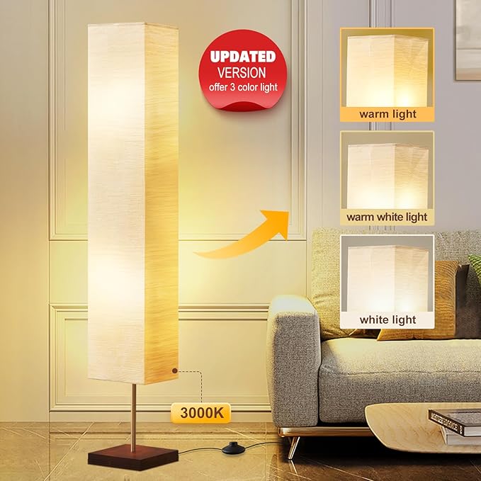 GyroVu Floor Lamp for Living Room, 3 Color Temperature Column Tall Lamp, Standing Lamp with Walnut Base Corner Floor Lamp for Bedroom, Office& Living Room-Beige(Bulbs Included)